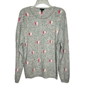 Talbots Cashmere Crew Neck Pullover with Pink and White Hearts on Gray. Size XL